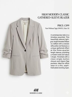 H&M Modern Classic Gathered-Sleeve Blazer - NWOT SZ.XS